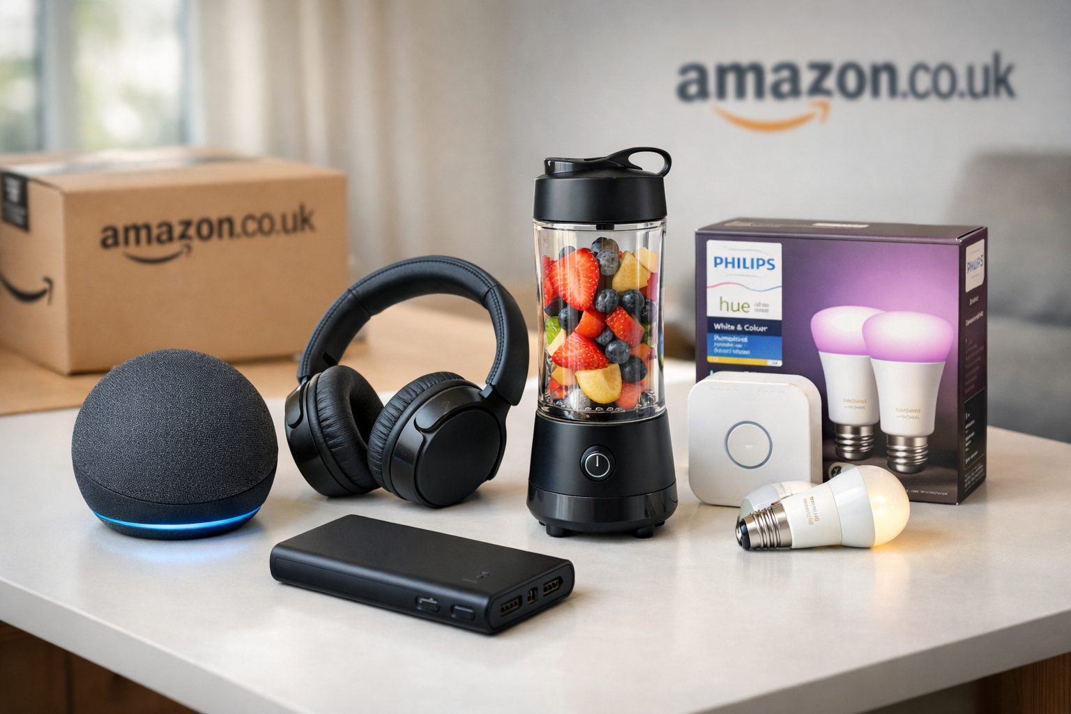 Five highlighted Amazon.co.uk deal products arranged on a desk: smart speaker, wireless headphones, compact blender, smart light kit, portable charger