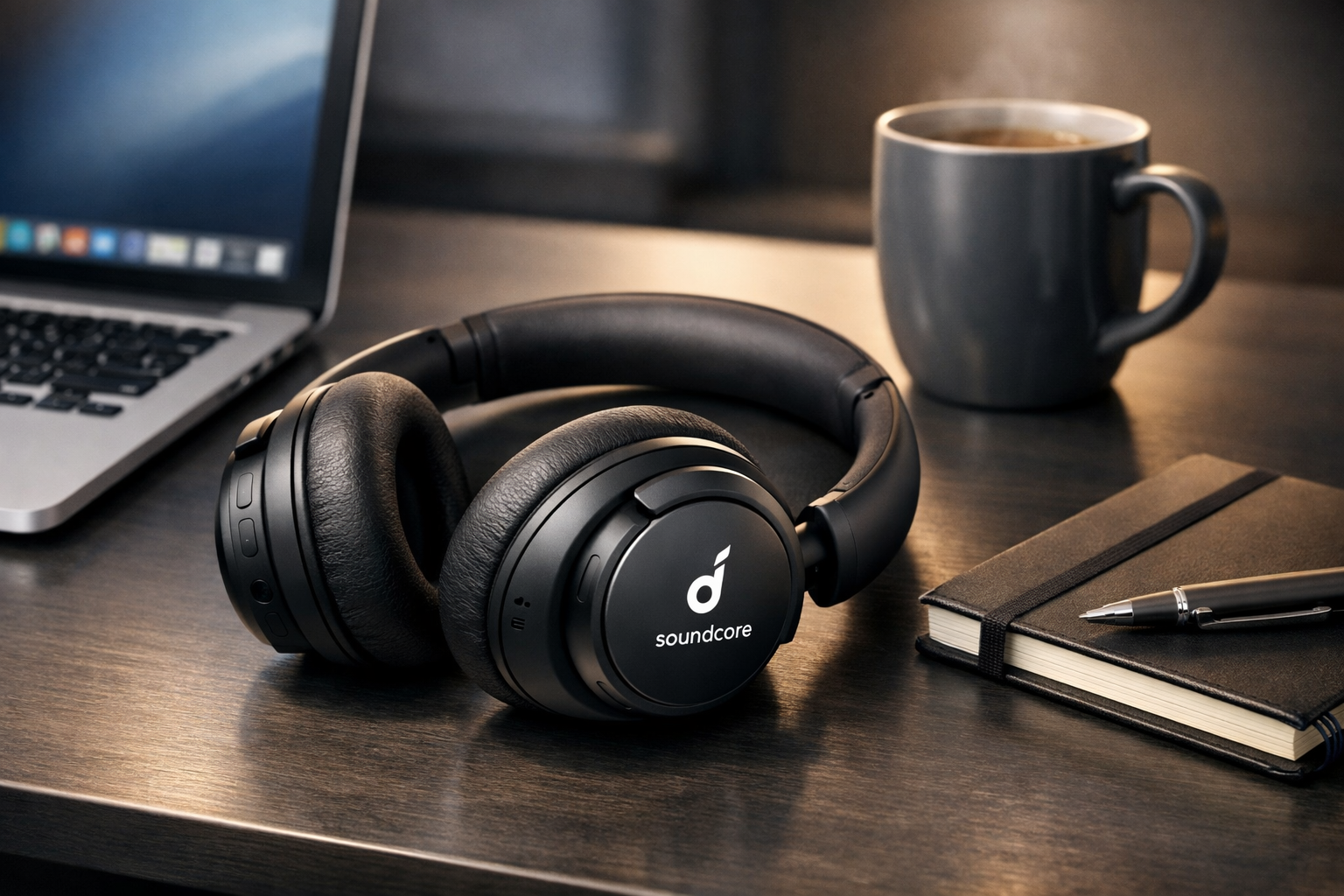 Anker Soundcore Q30 headphones on a desk with laptop, coffee, and notebook