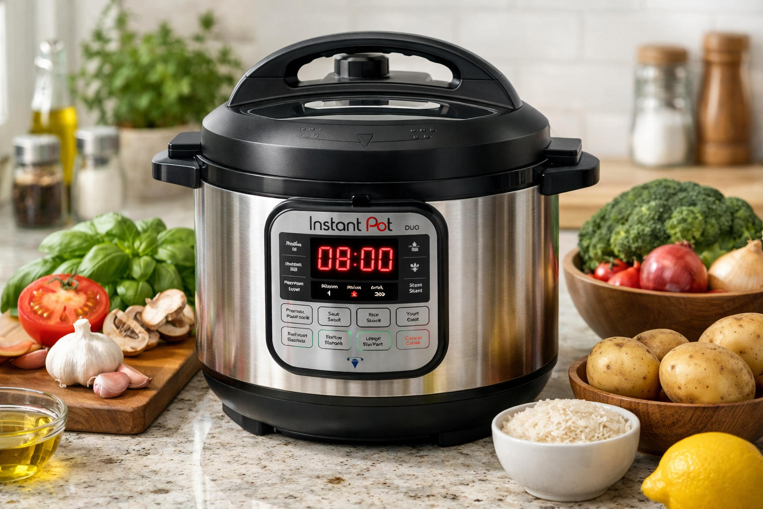 Instant Pot Duo 7-in-1 on kitchen countertop with timer and fresh ingredients
