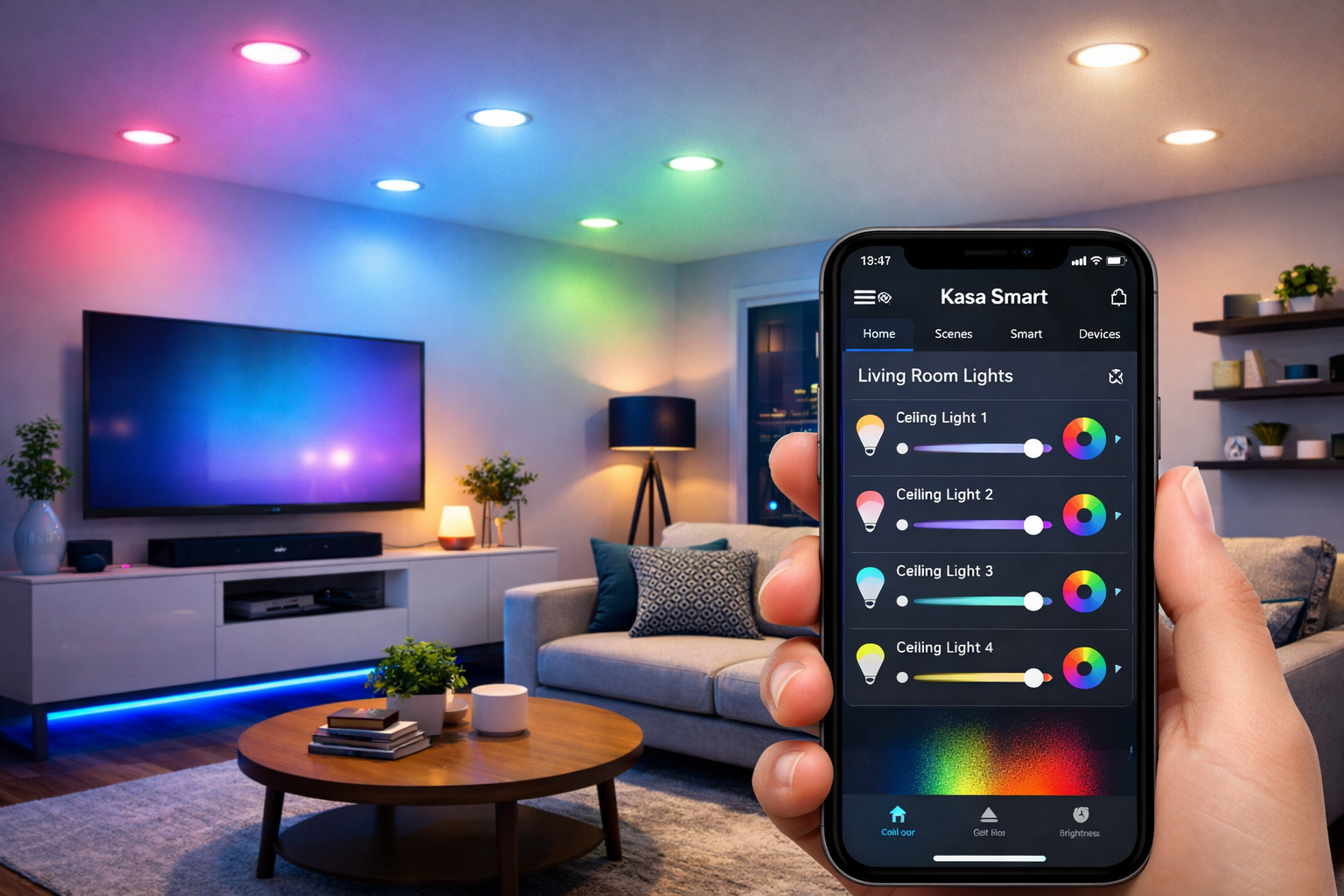Living room with TP-Link Kasa smart bulbs in recessed lighting and a phone displaying the Kasa app