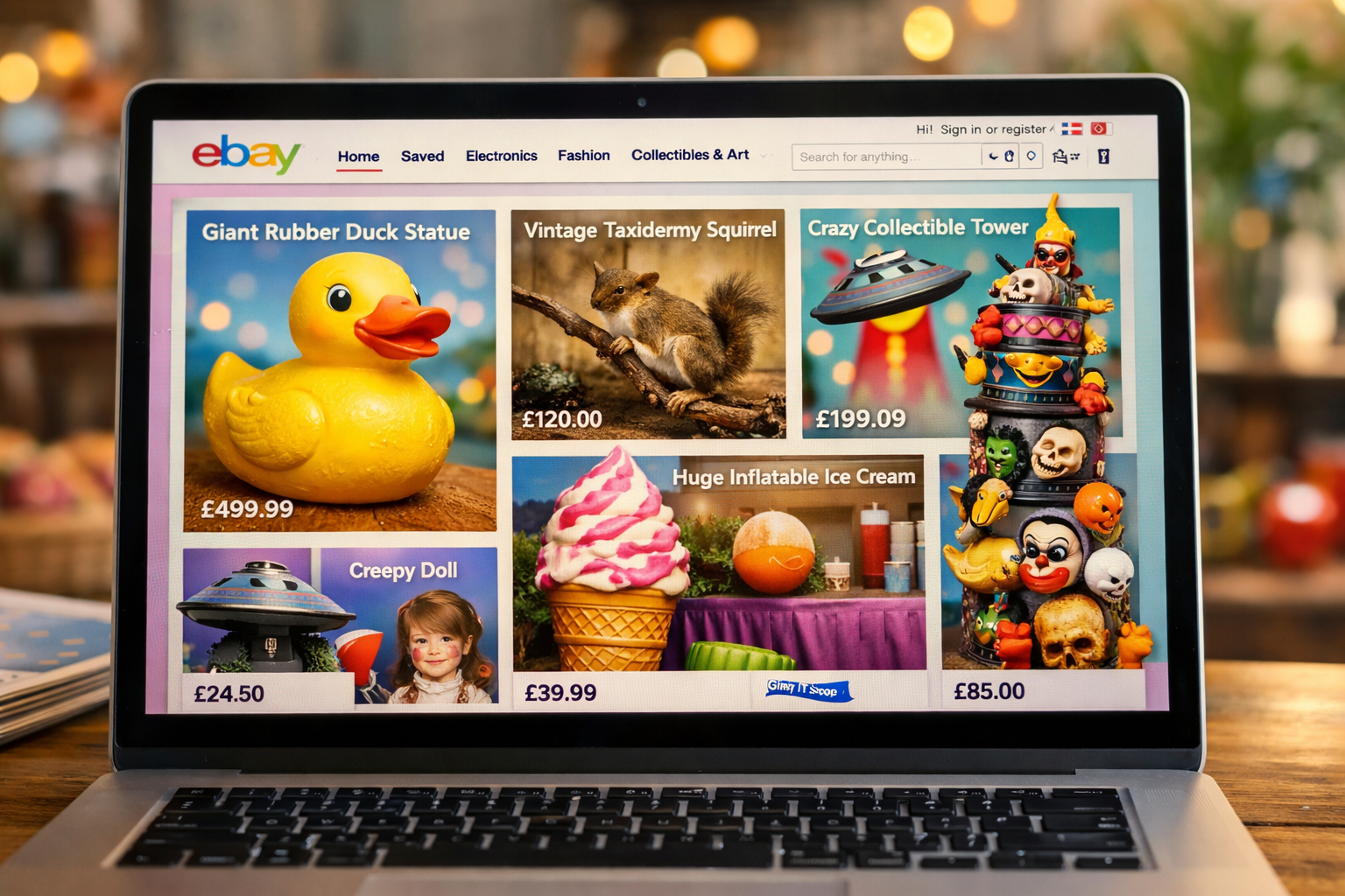 Laptop screen displaying bizarre eBay UK listings including a rubber duck statue and quirky collectibles