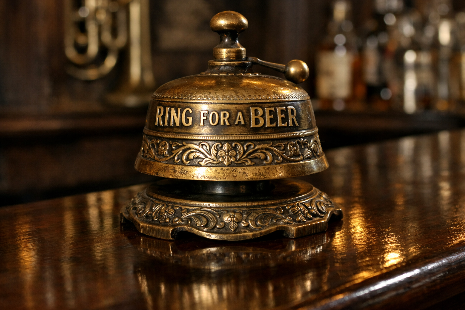 Close-up of ornate antique brass pub bell with engravings and patina