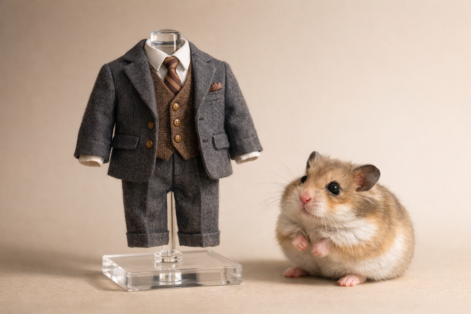 Tiny wool suit on display stand with a small hamster nearby