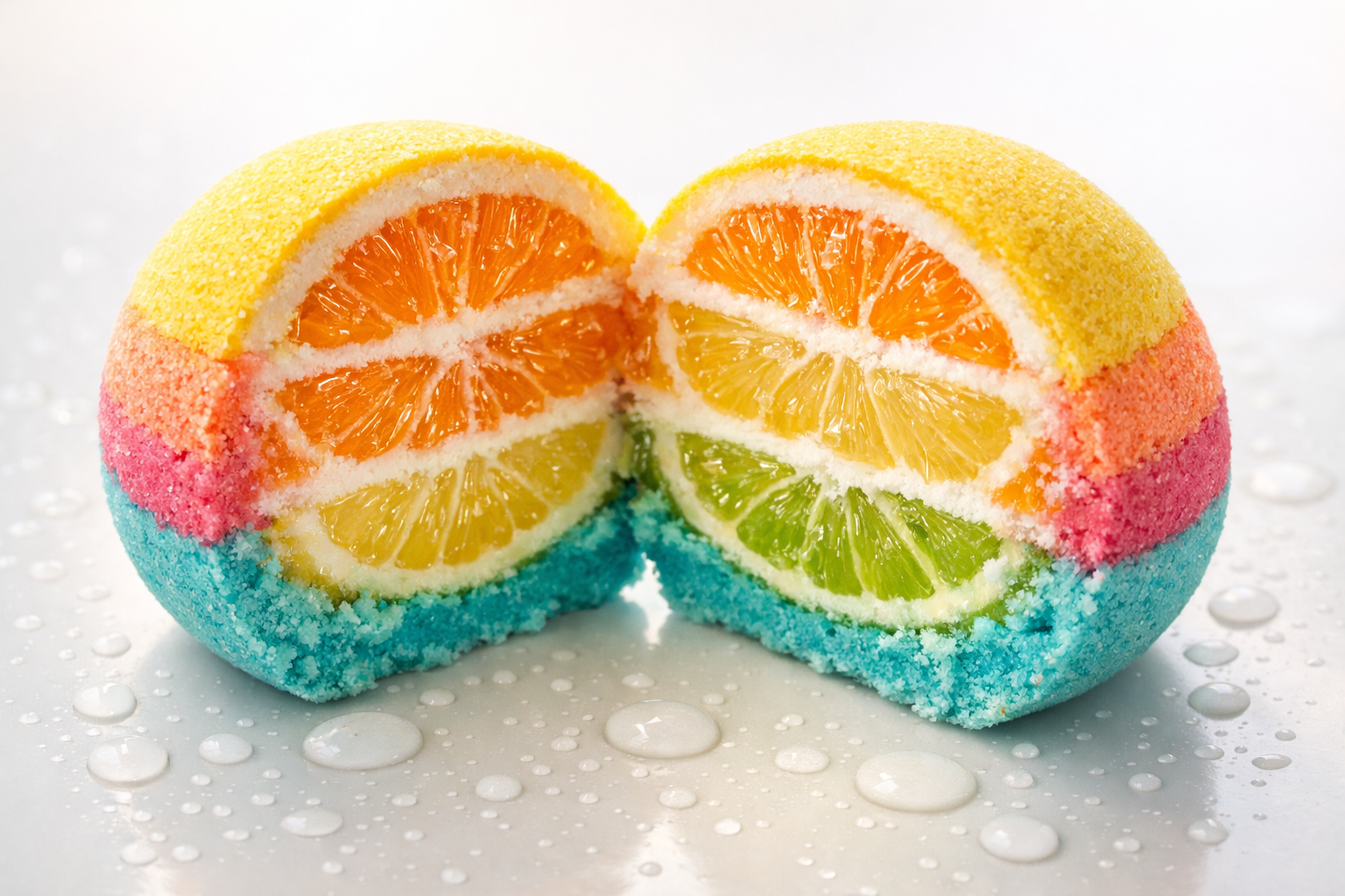 Bath bomb cut in half to reveal citrus segments with droplets of water
