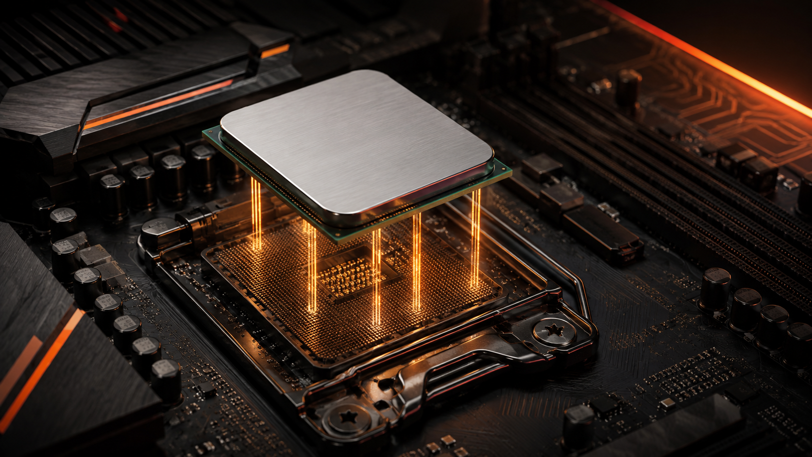 AMD Ryzen 5 5600X processor above an AM4 motherboard socket