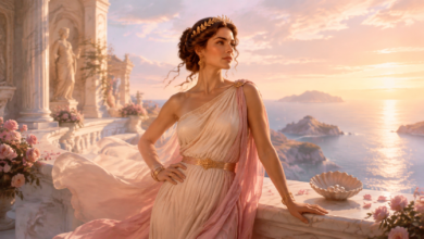 Mythology-inspired editorial illustration of Aphrodite overlooking the Aegean Sea