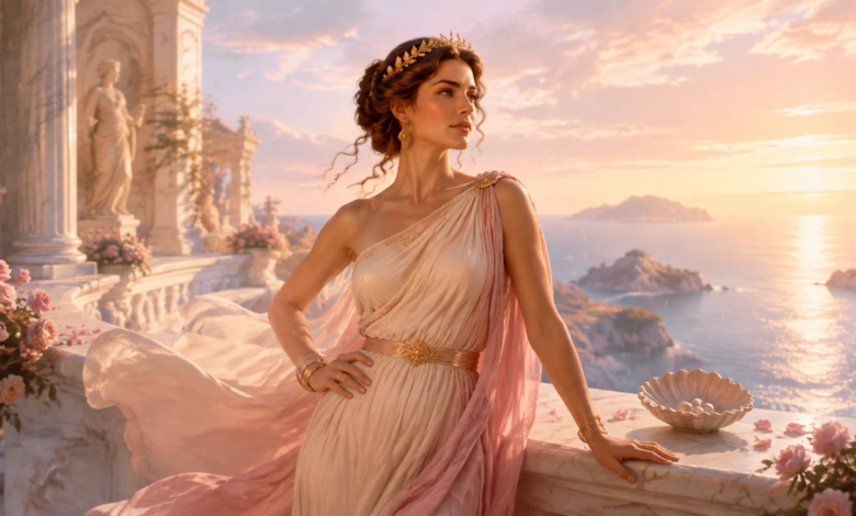 Mythology-inspired editorial illustration of Aphrodite overlooking the Aegean Sea