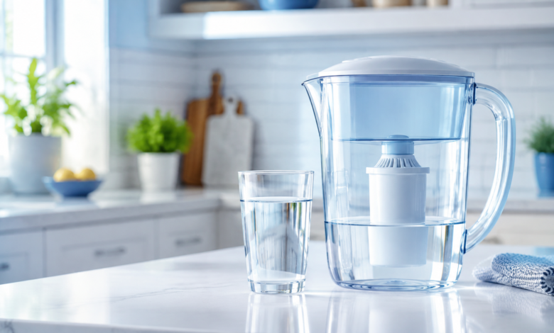BRITA MAXTRA PRO water filter cartridge beside a glass water jug