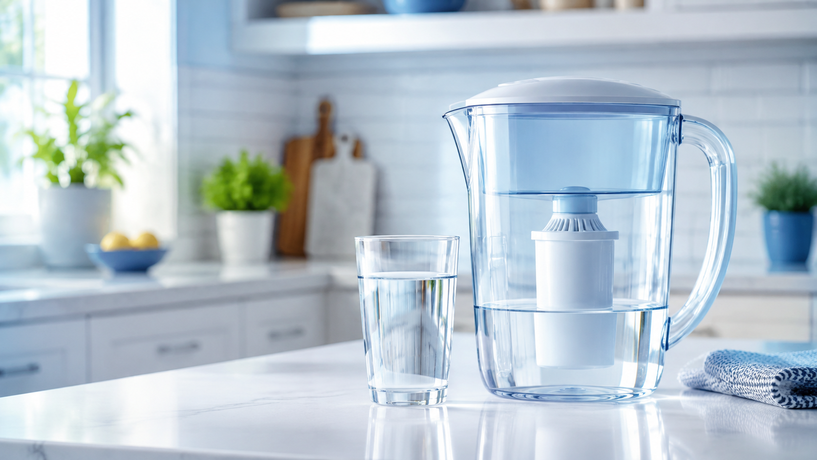 BRITA MAXTRA PRO water filter cartridge beside a glass water jug