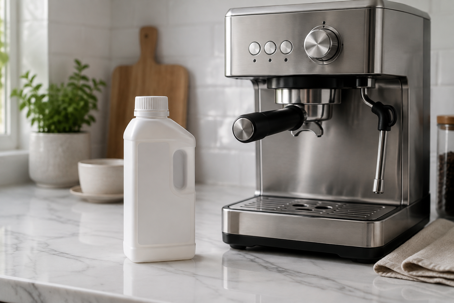 Coffee machine with an unbranded bottle of descaling solution