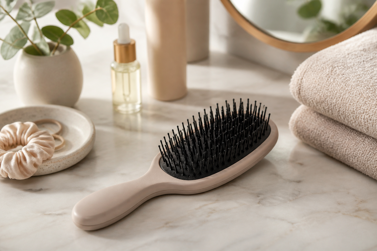 Modern detangling hairbrush on a simple vanity