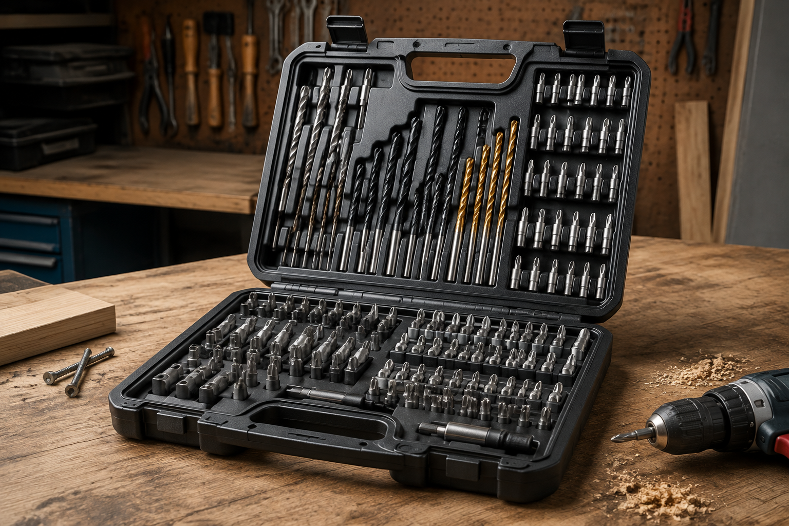 Large drill and screwdriver bit set arranged in an open case
