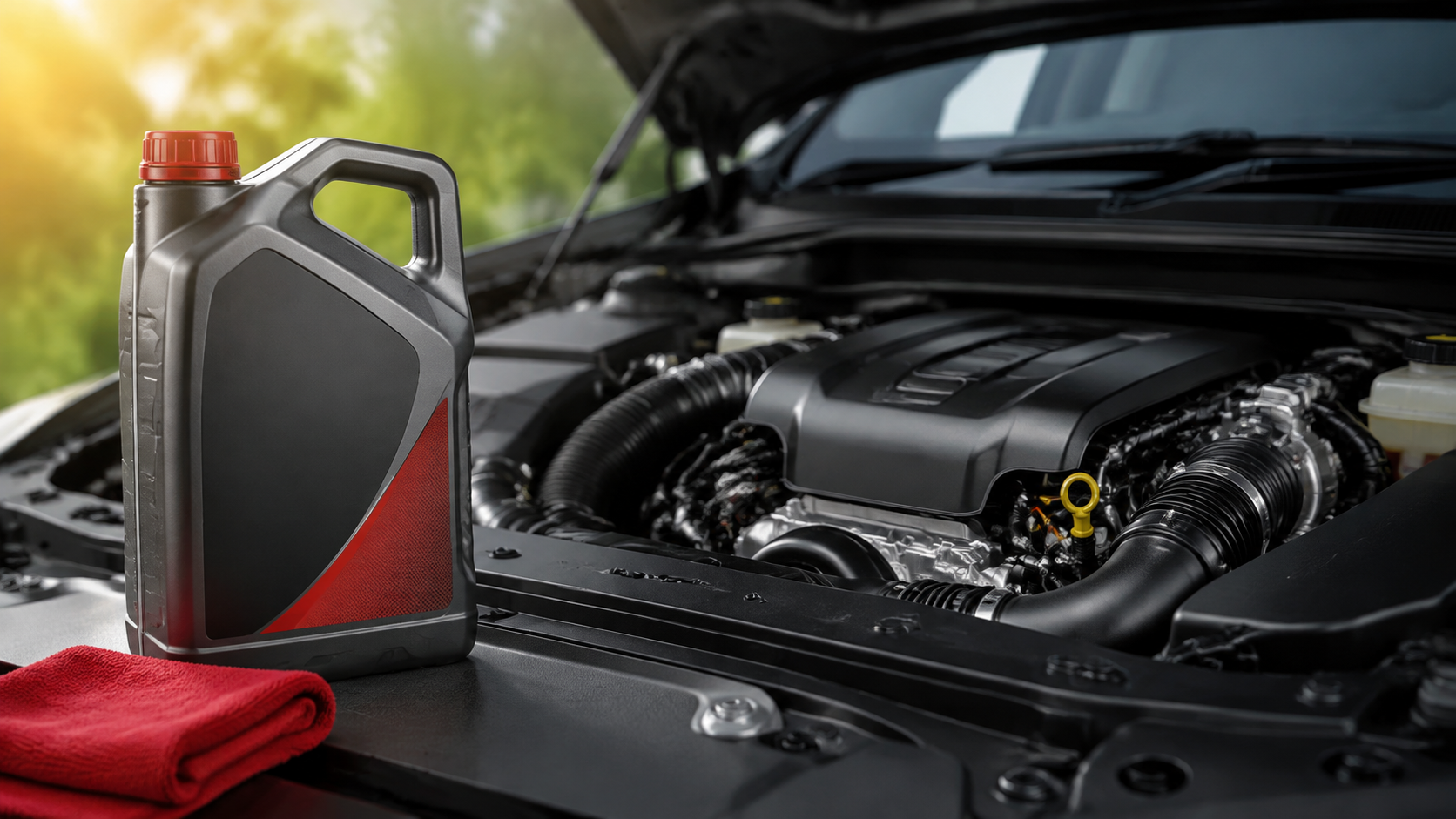 Engine-oil container beside a clean modern car engine