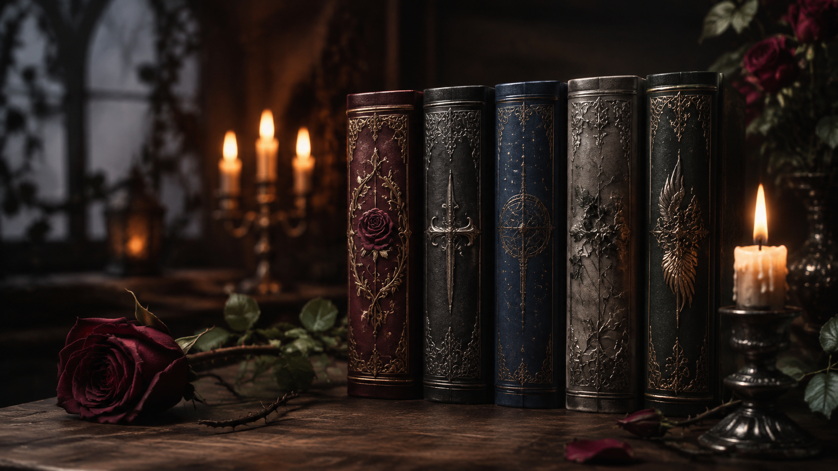 Five-volume fantasy romance book set on a reading table