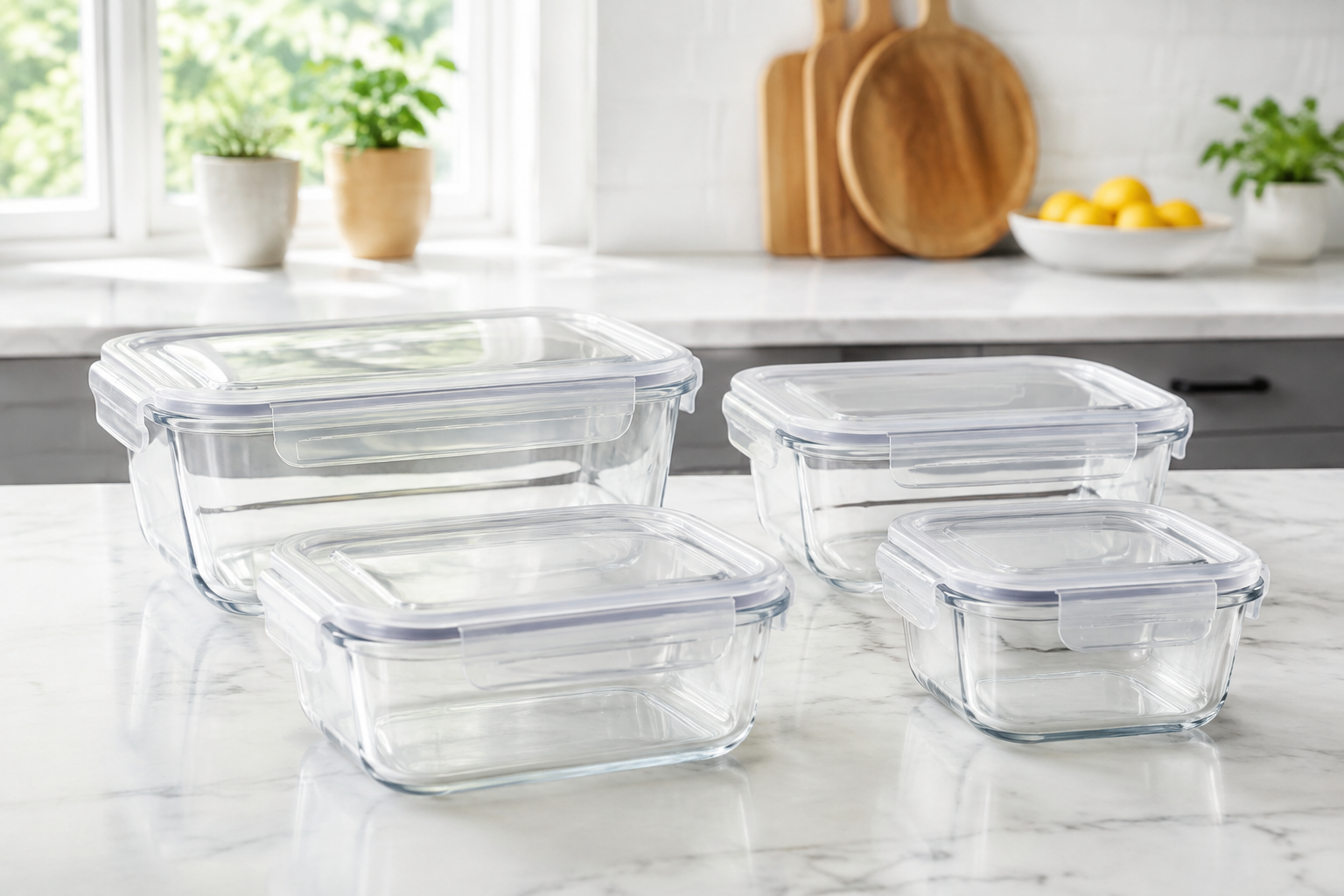 Four clear glass food storage dishes with fitted lids