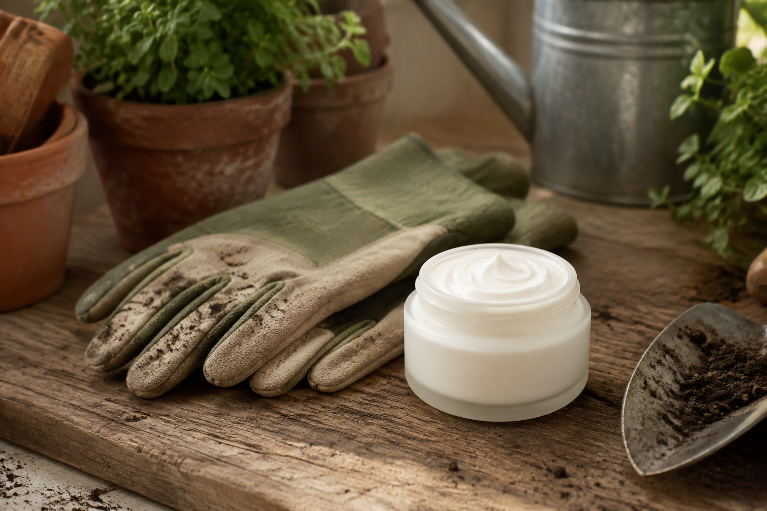 Jar of intensive hand cream beside gardening gloves