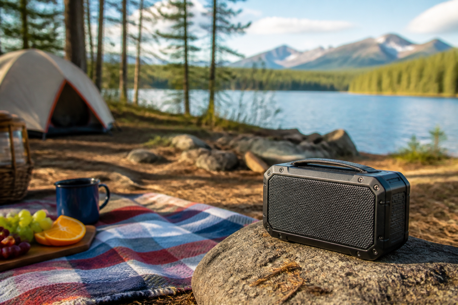 Rugged outdoor speaker at a lakeside campsite