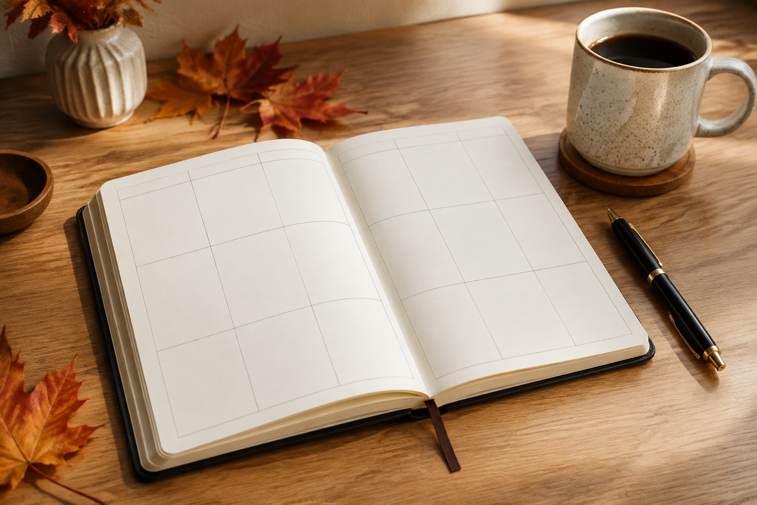 Open weekly planner on a warm autumn desk
